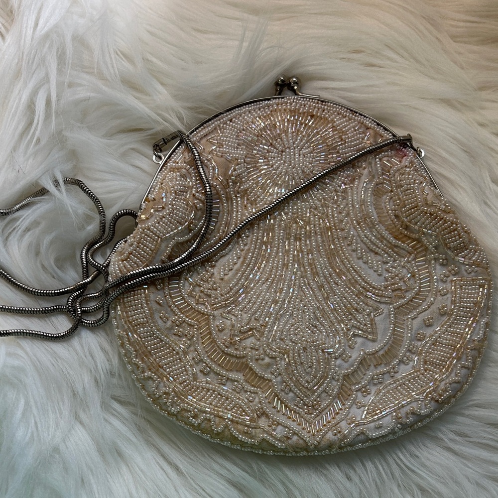 Beaded Cream Evening Clutch with Silver Chain